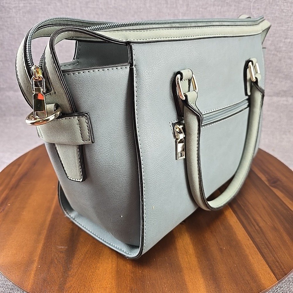 Blue Grey Laser Cut Faux Leather Satchel Handbag with Crossbody Strap Gold Tone - Picture 5 of 9
